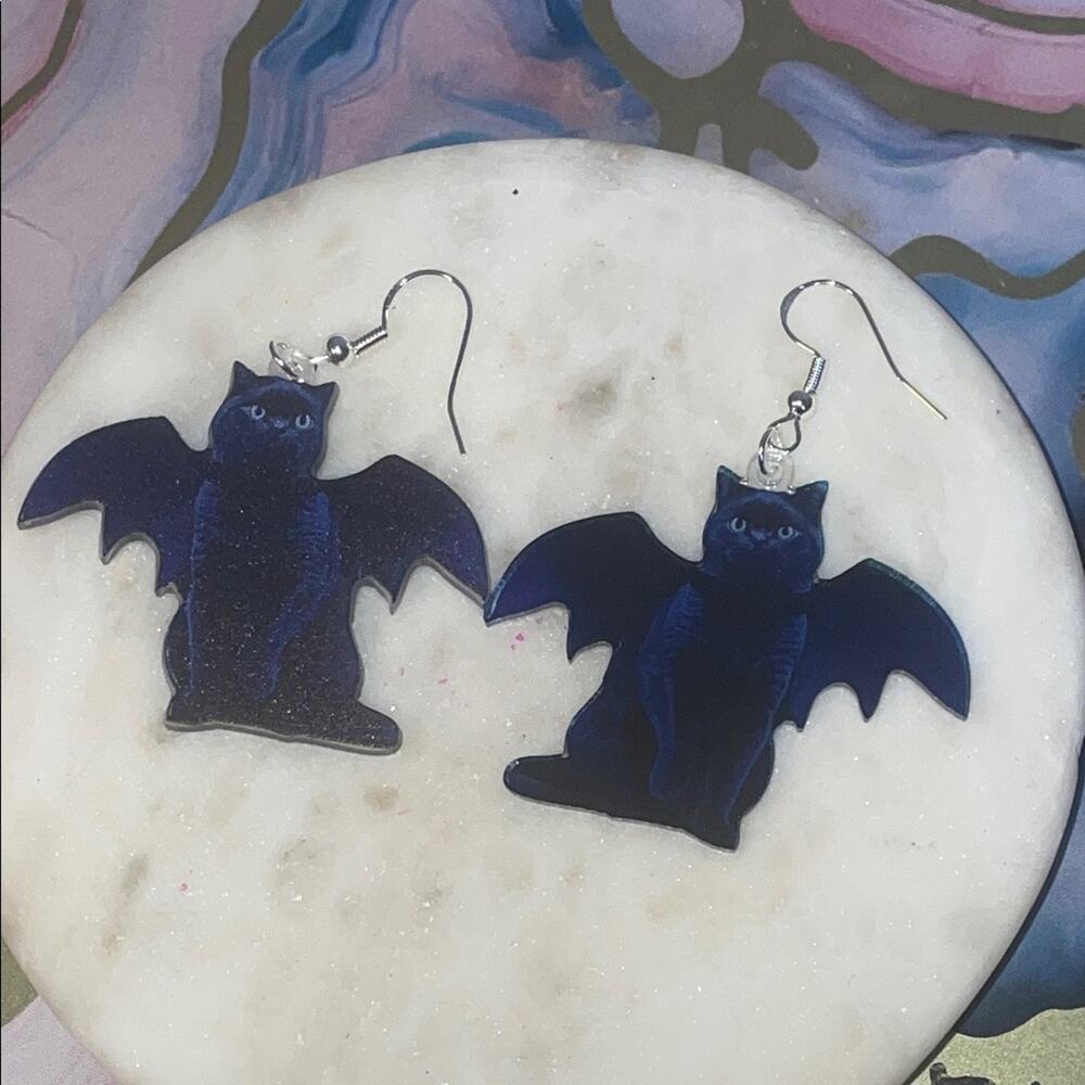 Gothic Bat Cat Earrings 925 sterling silver